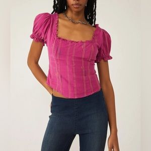 NWT Free People Seratonin Corset Smocked Puff Sleeve Top Raspberry Pink Medium